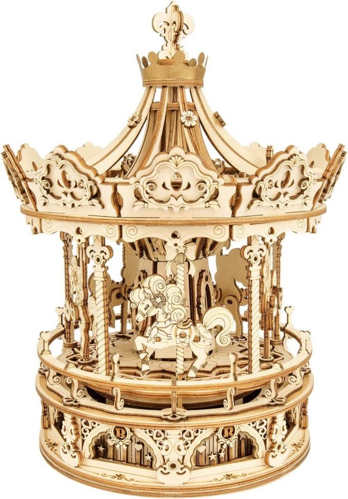 Robotime Rokr 3D Wooden Puzzles Construction Model Kit DIY Music Box Building Kits Rotating - Romantic Carousel - Image 2