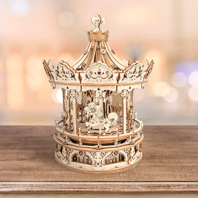 Robotime Rokr 3D Wooden Puzzles Construction Model Kit DIY Music Box Building Kits Rotating - Romantic Carousel - Image 9