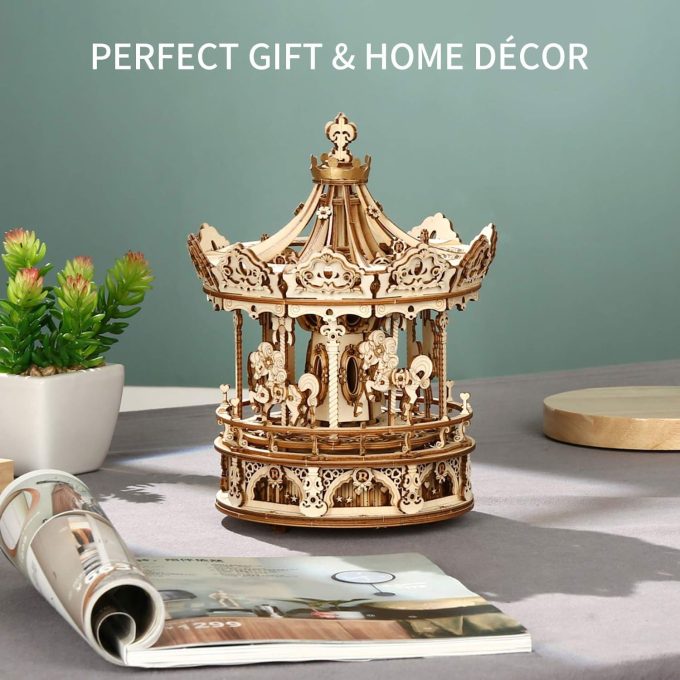 Robotime Rokr 3D Wooden Puzzles Construction Model Kit DIY Music Box Building Kits Rotating - Romantic Carousel - Image 4