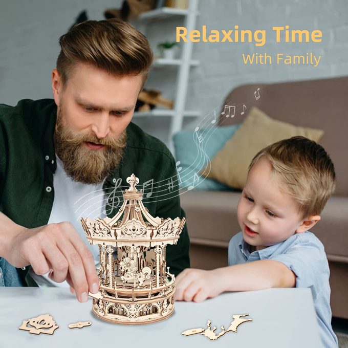 Robotime Rokr 3D Wooden Puzzles Construction Model Kit DIY Music Box Building Kits Rotating - Romantic Carousel - Image 6
