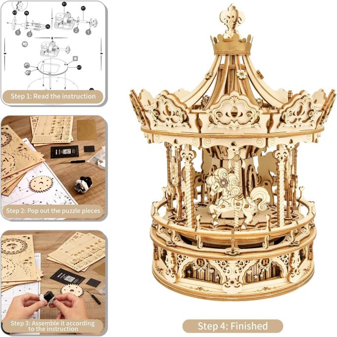 Robotime Rokr 3D Wooden Puzzles Construction Model Kit DIY Music Box Building Kits Rotating - Romantic Carousel - Image 5
