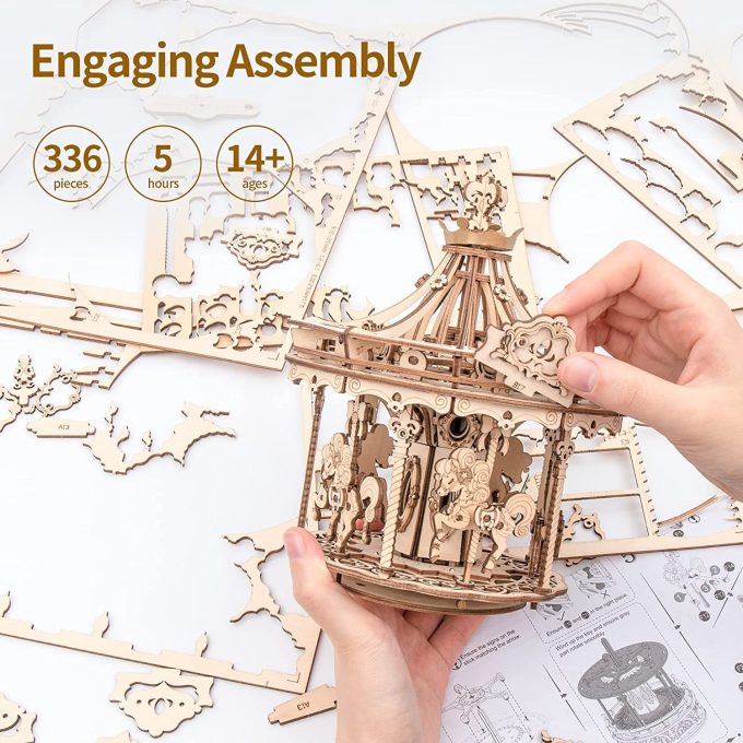 Robotime Rokr 3D Wooden Puzzles Construction Model Kit DIY Music Box Building Kits Rotating - Romantic Carousel - Image 8