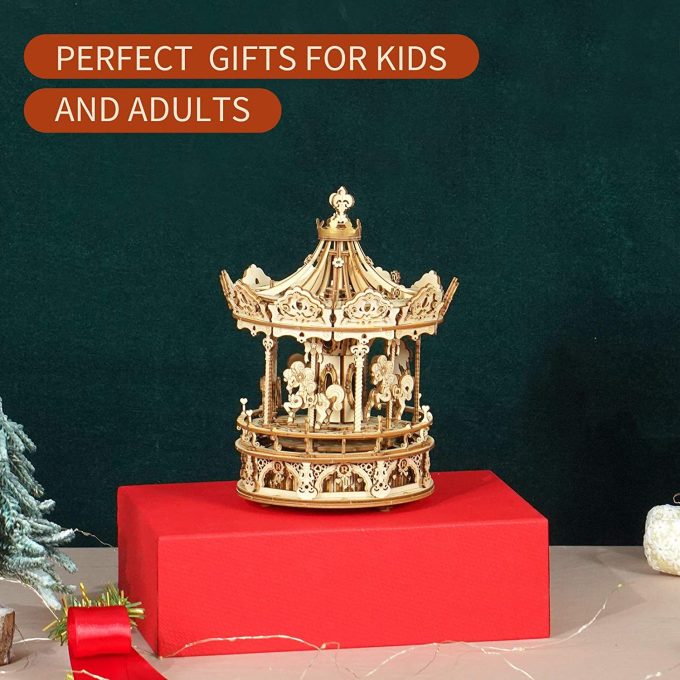 Robotime Rokr 3D Wooden Puzzles Construction Model Kit DIY Music Box Building Kits Rotating - Romantic Carousel - Image 7