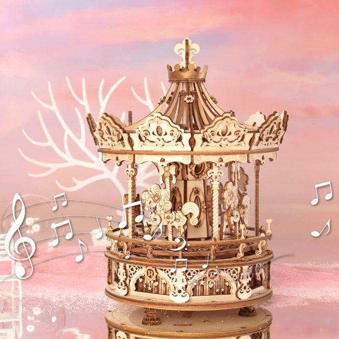 Robotime Rokr 3D Wooden Puzzles Construction Model Kit DIY Music Box Building Kits Rotating - Romantic Carousel - Image 10