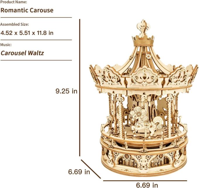 Robotime Rokr 3D Wooden Puzzles Construction Model Kit DIY Music Box Building Kits Rotating - Romantic Carousel - Image 3